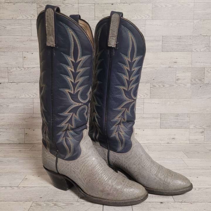 Vintage Dan Post Western Blue Grey Antelope Leather Tall Cowboy Boots Women’s 6